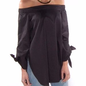 Tibi satin poplin off the shoulder tunic top.
